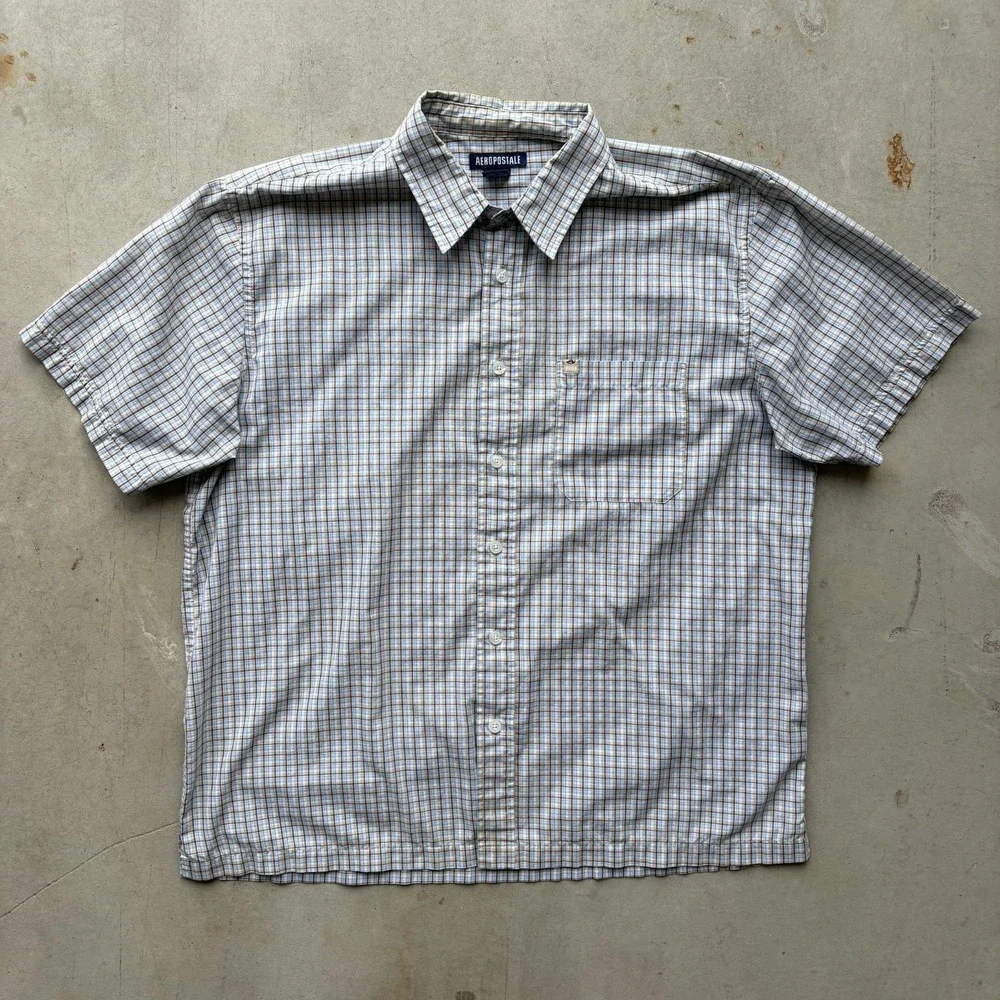 Vintage Y2K Aeropostale Plaid Button Up Shirt Size Large Brown Short Sleeve